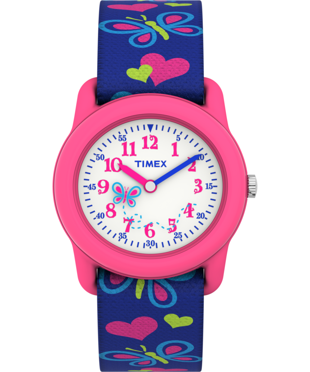 Heritage TIMEX TIME MACHINES 29mm Butterflies and Hearts Blue Elastic Fabric Kids Watch