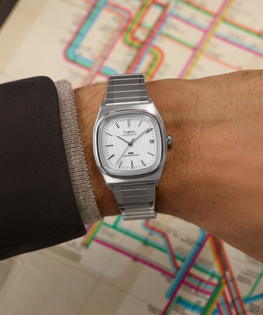 Heritage Timex Automatic 1983 E Line Reissue 34mm Stainless Steel Expansion Band Watch