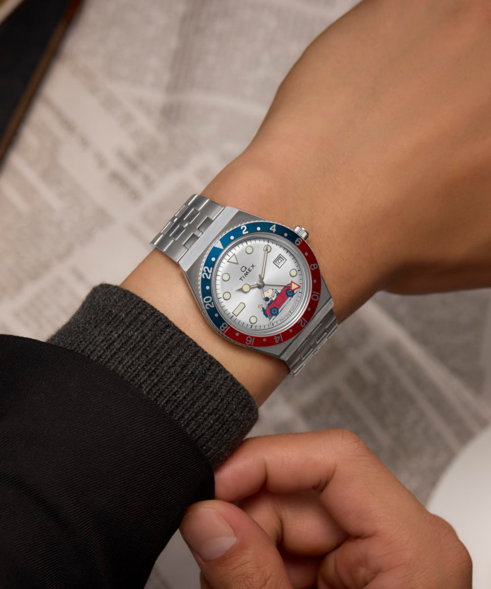 Heritage Peanuts x Q Timex GMT 38mm Stainless Steel Bracelet Watch