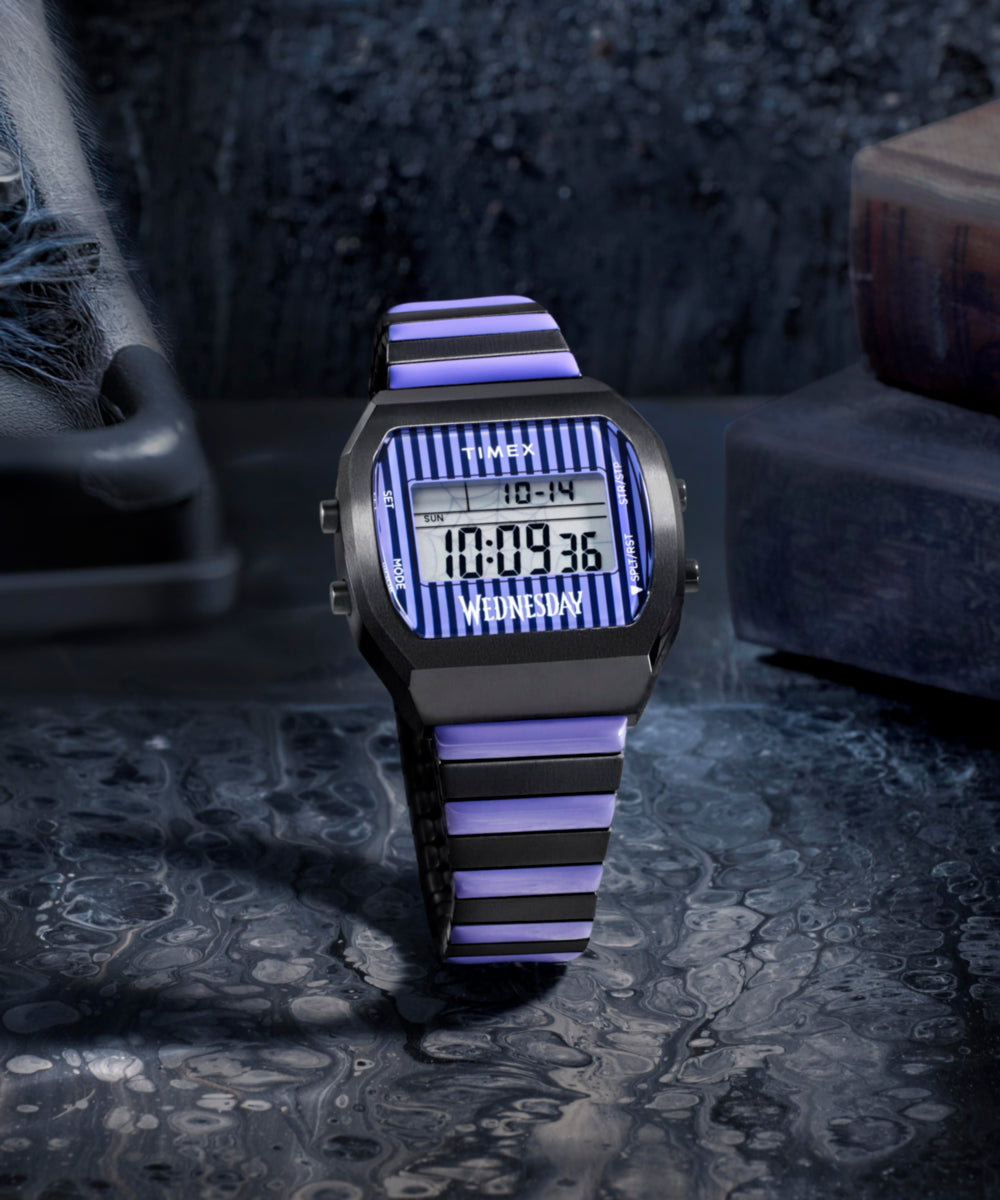Heritage Timex x Wednesday T80 36mm Stainless Steel Black and Purple Expansion Band Watch
